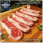 Beef Sirloin AGED BY GOODWINS Australia STEER young cattle (Striploin / New York Strip / Has Luar) frozen brand Harvey/Midfield STEAK 1cm 3/8" for schnitzel (price /600gr 4-5pcs)